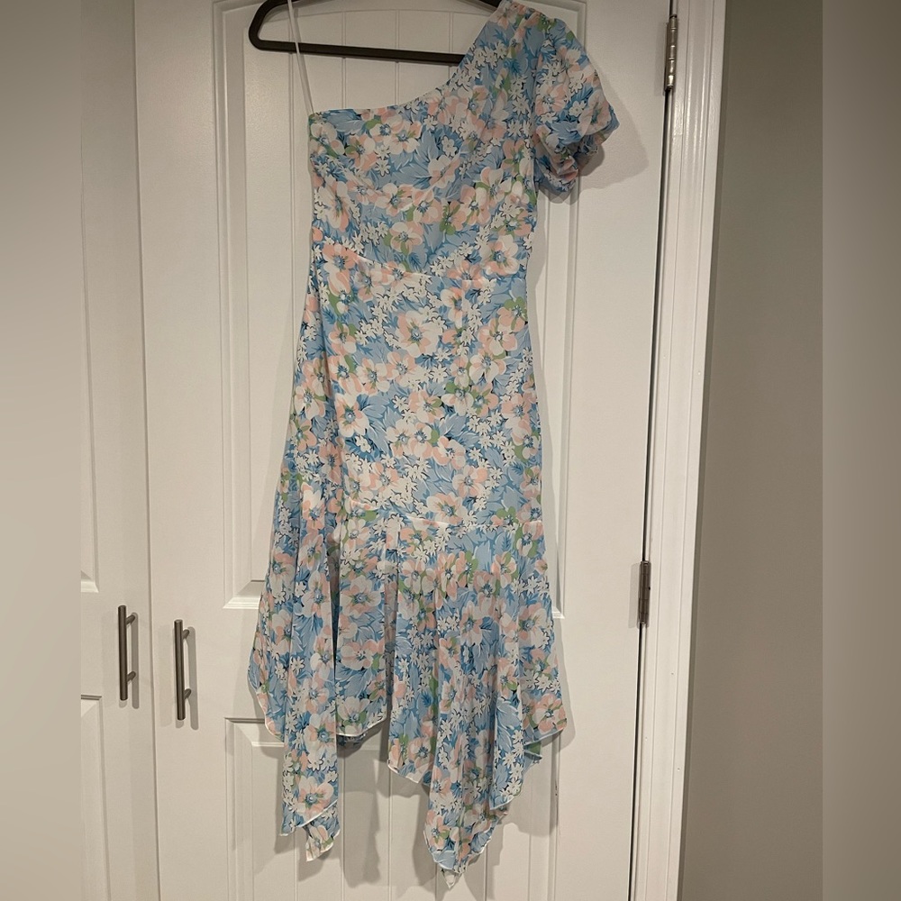 NWT Ruby Sees Blue/Pink Floral One shoulder Dress with handkerchief hem Size: 8